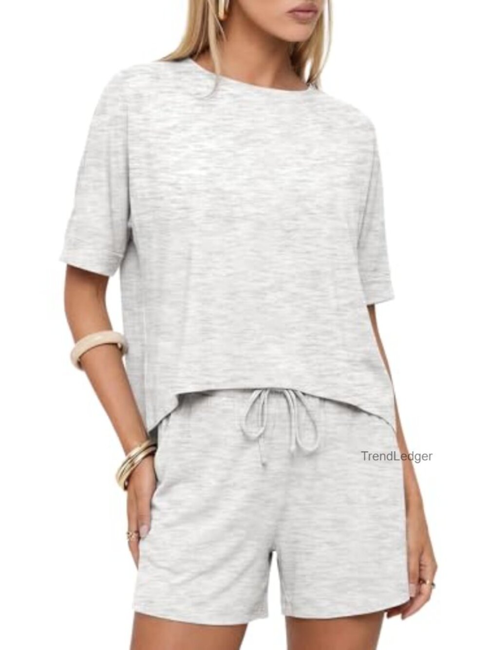 2 Piece Lounge Set Short Sleeve Top Drawstring Shorts Pockets Rayon Spandex